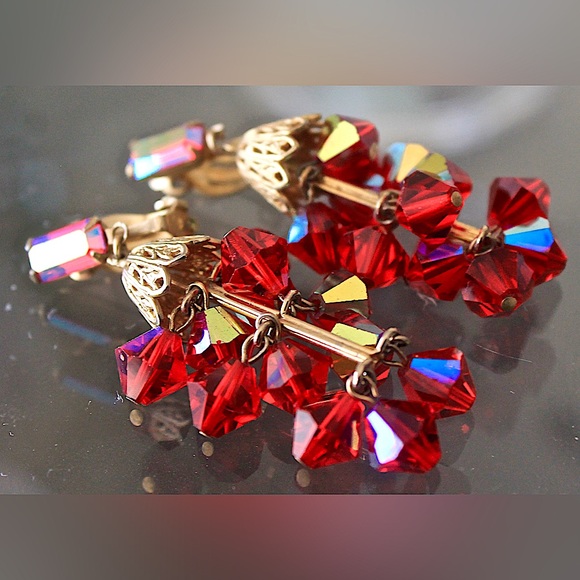 LEWIS SEGAL OF CALIFORNIA EARRINGS CLIP DANGLES RED CRYSTALS 2 1/4TH IN VINTAGE - Picture 6 of 11